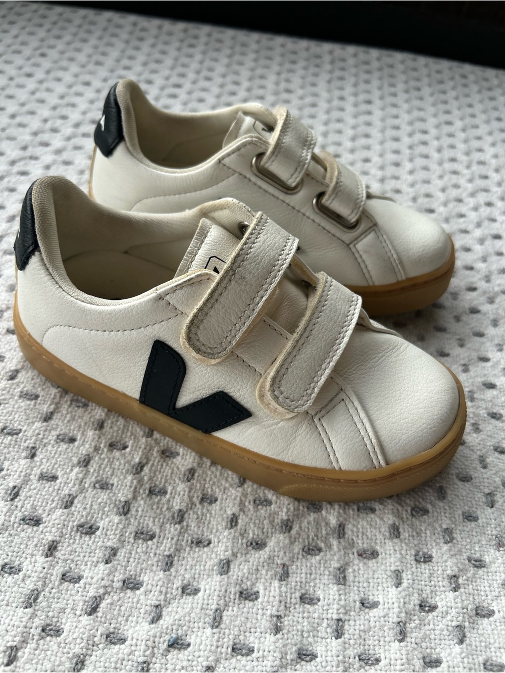 Veja Kids White Leather Velcro Sneakers with Black V Logo and Gum Sole